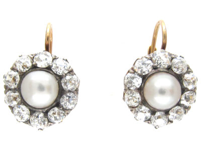 Edwardian Natural Pearl & Diamond Cluster Earrings