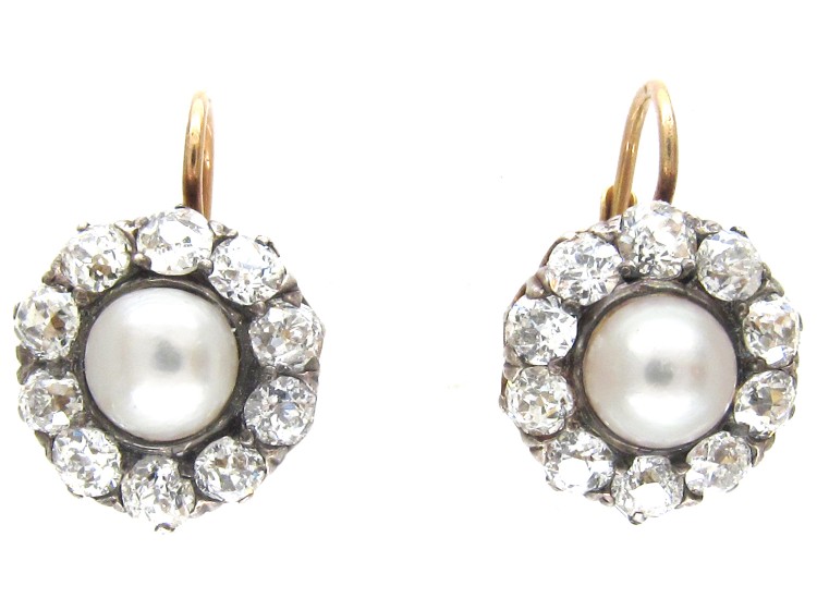 Edwardian Natural Pearl & Diamond Cluster Earrings