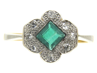 Art Deco 18ct Gold & Platinum Emerald & Diamond Scalloped Edge Ring