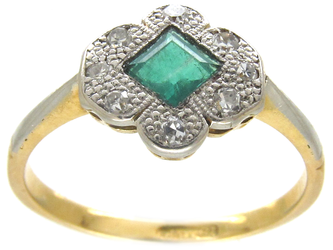 Art Deco 18ct Gold & Platinum Emerald & Diamond Scalloped Edge Ring