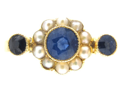 Edwardian 18ct Gold Sapphire & Natural Pearl Cluster Ring