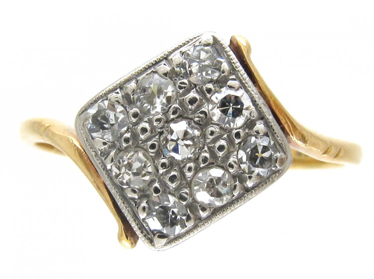 Art Deco 18ct Gold & Platinum & Diamond Tilted Square Ring