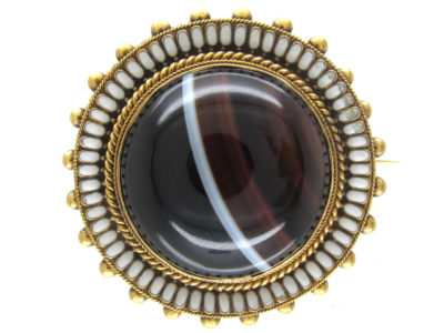Victorian 15ct Gold, Enamel & Banded Sardonyx Round Brooch