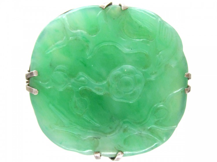 Art Deco Natural Green Jade Carved Flowers Brooch