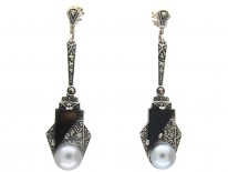 Art Deco Silver, Onyx, Pearl & Marcasite Earrings