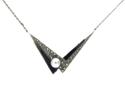 Art Deco Silver, Onyx, Pearl & Marcasite Pendant on Chain