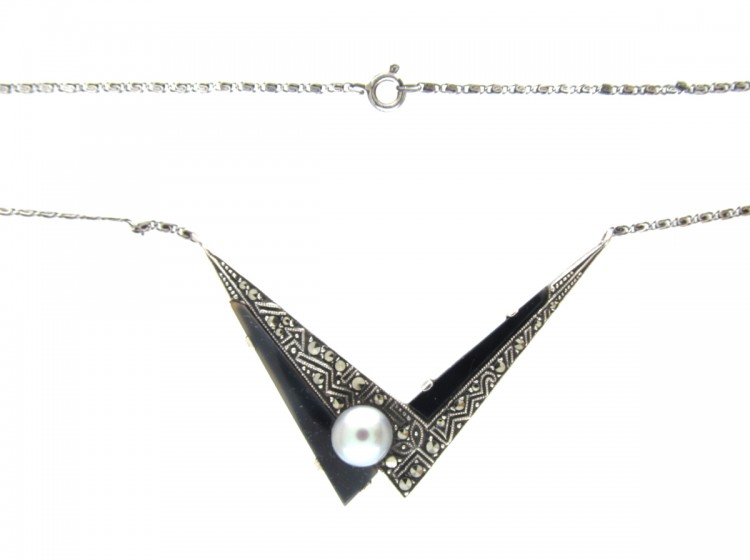 Art Deco Silver, Onyx, Pearl & Marcasite Pendant on Chain