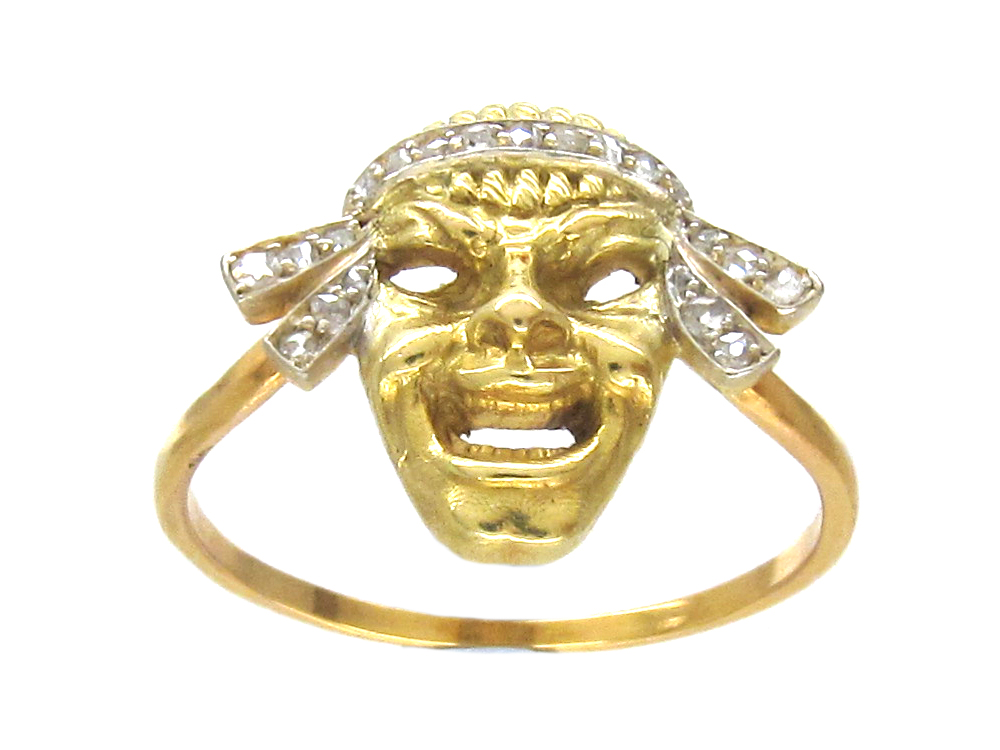 18ct Gold & Diamond Set Theatrical Mask Ring (62/O) The Antique Jewellery Company