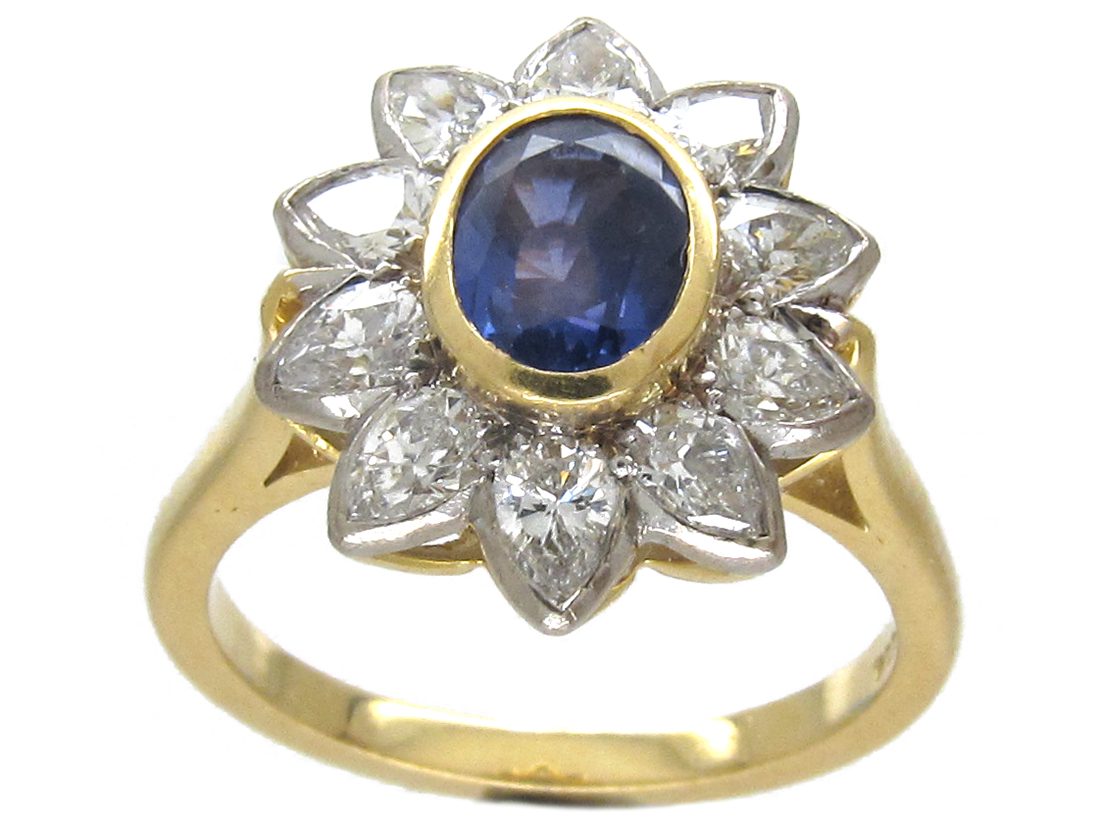 18ct Gold Sapphire & Diamond Pointed Petal Flower Ring (61/O) The Antique Jewellery Company