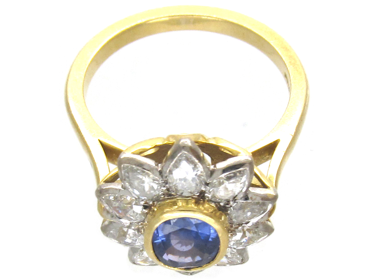18ct Gold Sapphire & Diamond Pointed Petal Flower Ring (61/O) The Antique Jewellery Company