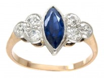 Art Deco Lozenge Shaped Burma Sapphire & Diamond Ring