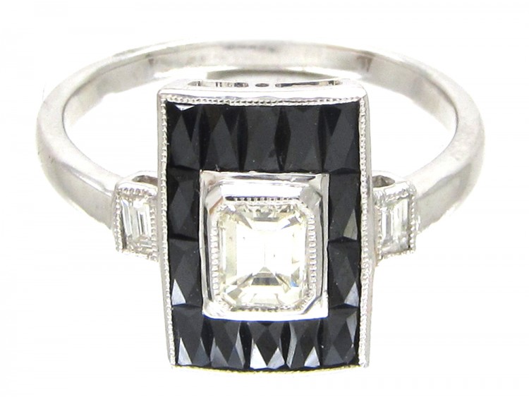 Art Deco 18ct White Gold Rectangular Onyx & Diamond Ring