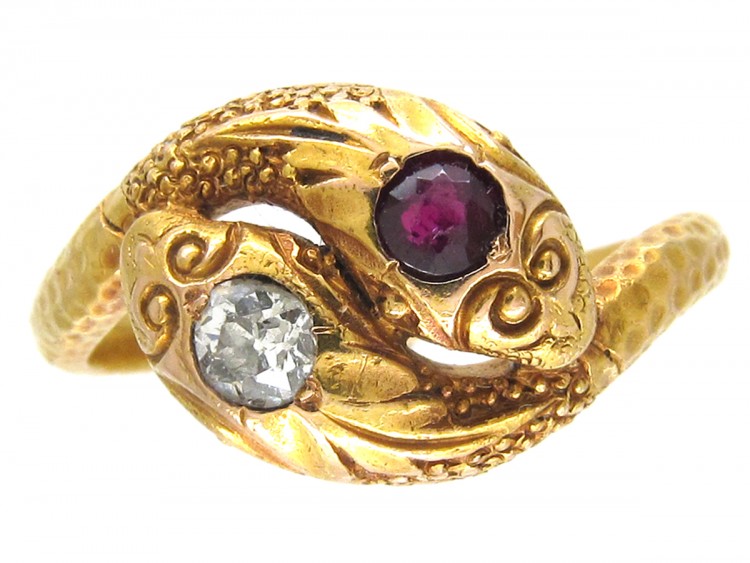 Victorian 18ct Gold Double Snake Ring set with a Ruby & Diamond