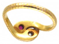 Victorian 18ct Gold Double Snake Ring set with a Ruby & Diamond