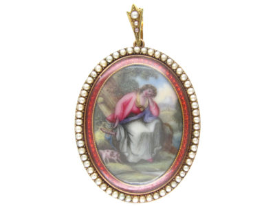 Georgian 15ct Gold & Enamel Pendant of a Lady & Her Dog under a Tree