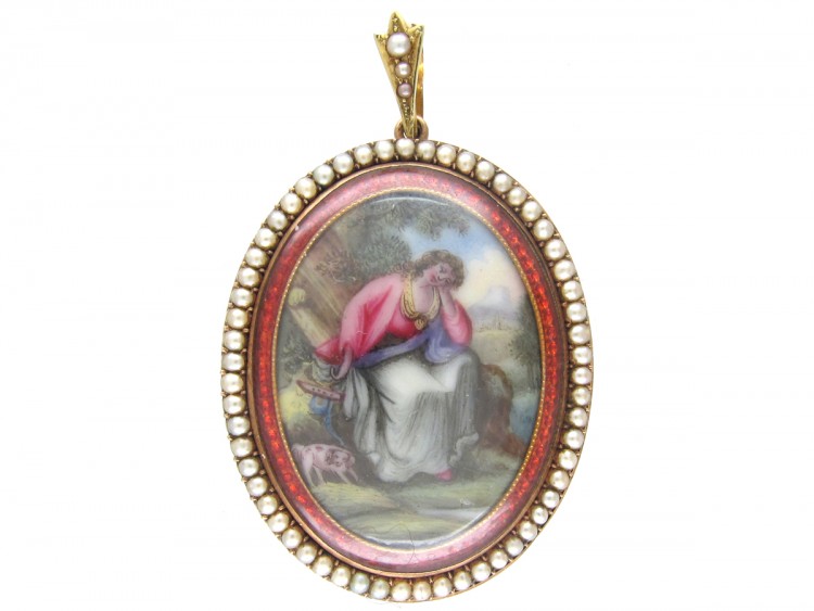 Georgian 15ct Gold & Enamel Pendant of a Lady & Her Dog under a Tree