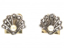 Edwardian Natural Pearl & Rose Diamond Shell Earrings on Screw Fittings
