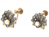 Edwardian Natural Pearl & Rose Diamond Shell Earrings on Screw Fittings
