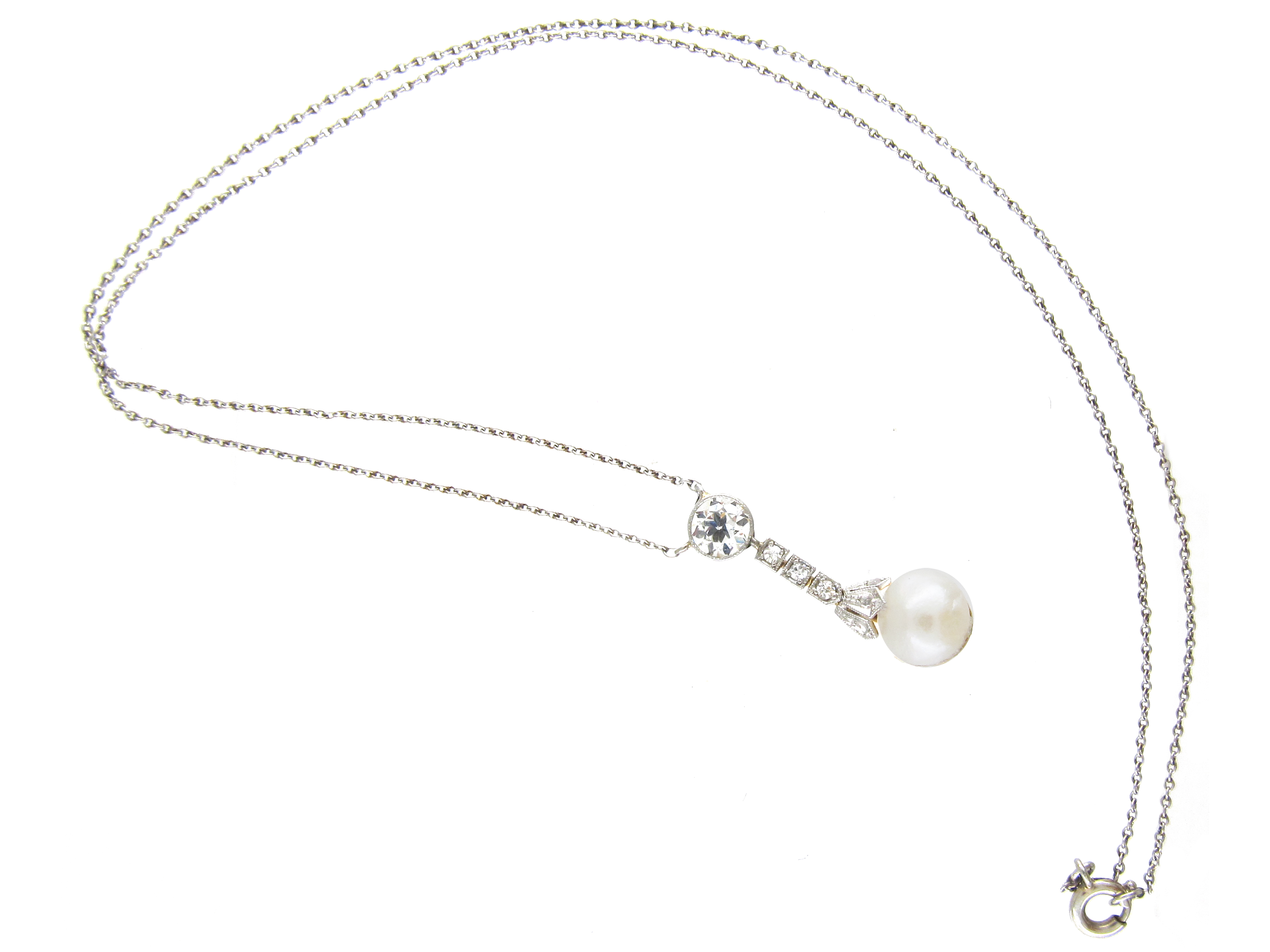 Natural Pearl & Diamond Drop Pendant on Platinum Chain (913F) | The