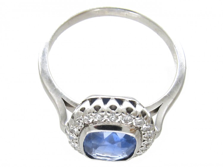 18ct White Gold Rectangular Ceylon Sapphire & Diamond Ring