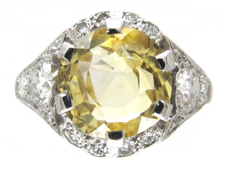 Yellow Sapphire & Diamond & Platinum Art Deco Ring
