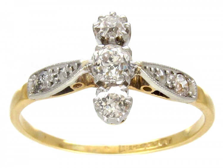 Edwardian Diamond Three Stone Ring with Diamond Shoulders