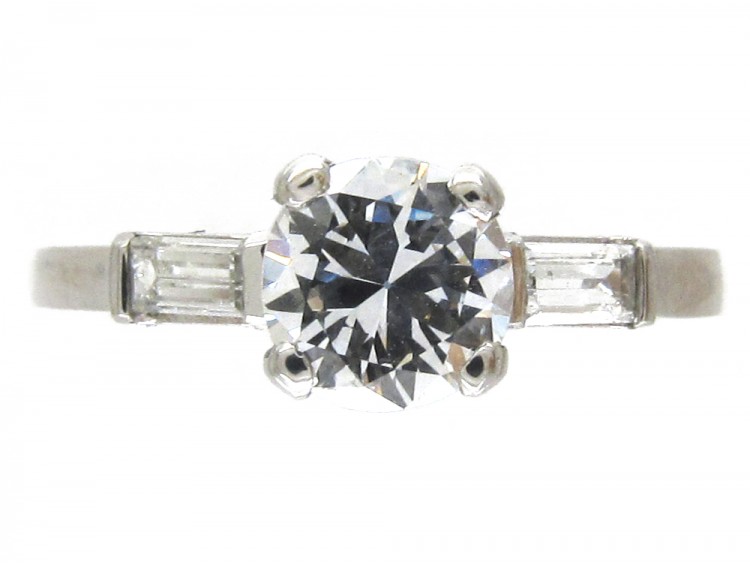 Art Deco 18ct White Gold Diamond Solitaire Ring with Baguette Diamond Shoulders