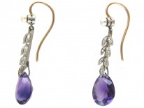 Edwardian Amethyst Natural Pearl & Diamond Drop Earrings