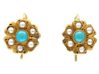Edwardian 18ct Gold Natural Split Pearl & Turquoise Flower Earrings