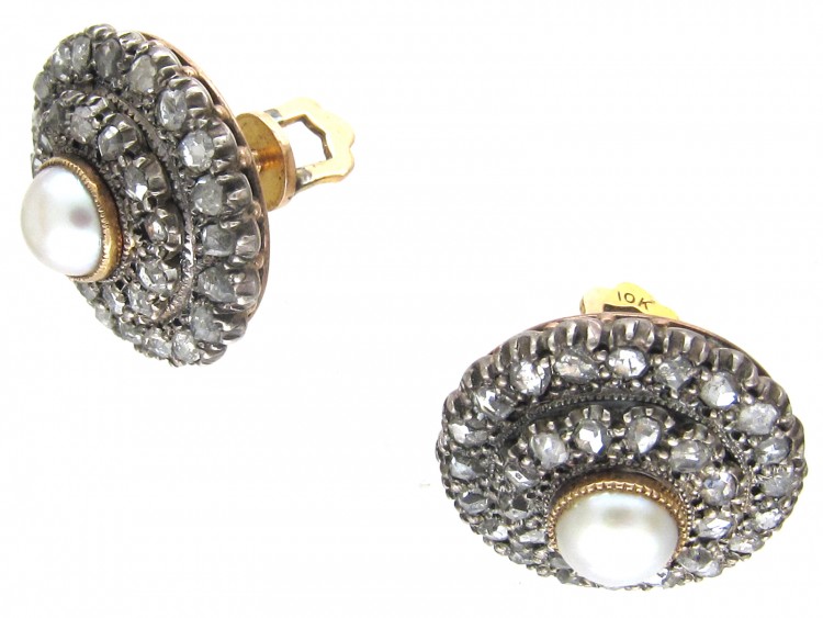Victorian Rose Diamond & Natural Split Pearl Round Earrings