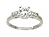 Art Deco 18ct White Gold Diamond Solitaire Ring with Baguette Diamond Shoulders
