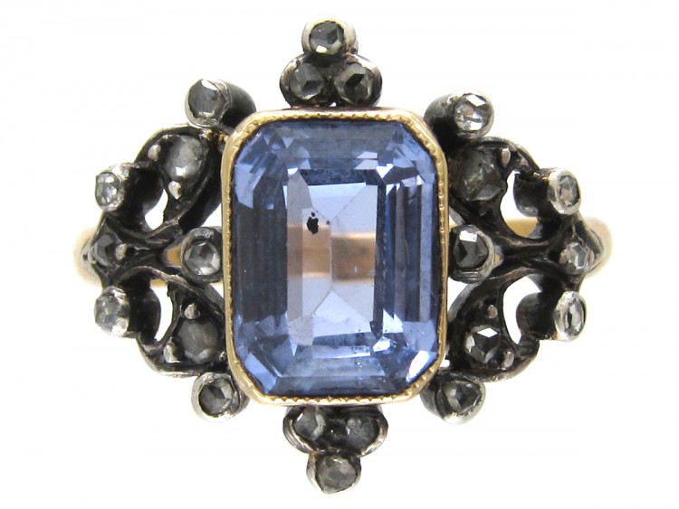 Edwardian Rectangular Cut Natural Sapphire & Diamond Ring