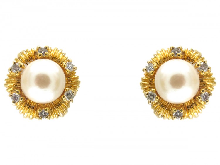 14ct Gold, Pearl & Diamond Round Earrings