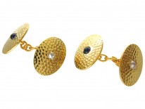 Edwardian 18ct Hammered Gold Sapphire & Diamond Cufflinks