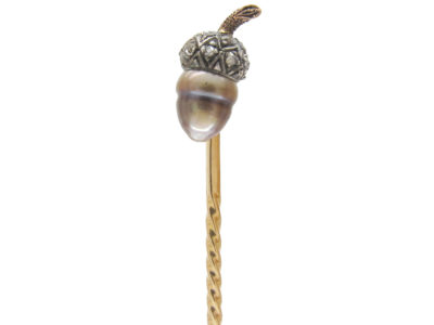 Edwardian Natural Grey Pearl & Rose Diamond Acorn Stickpin