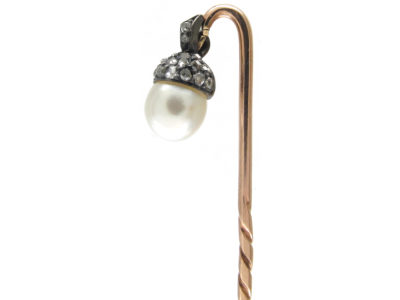 Edwardian Natural Pearl & Rose Diamond Acorn Stickpin