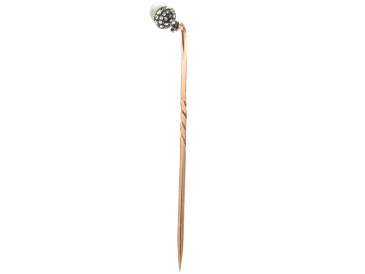 Edwardian Natural Pearl & Rose Diamond Acorn Stickpin