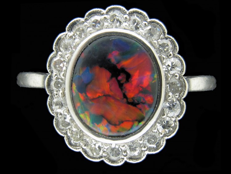 Art Deco Black Opal & Diamond Cluster Ring