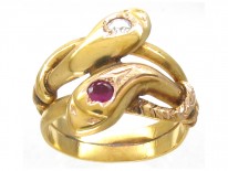 18ct Gold Double Snake Ring set with a Ruby & Diamond