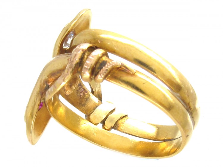 18ct Gold Double Snake Ring set with a Ruby & Diamond