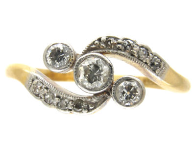 Edwardian 18ct Gold & Platinum Three Stone Diamond Crossover Ring