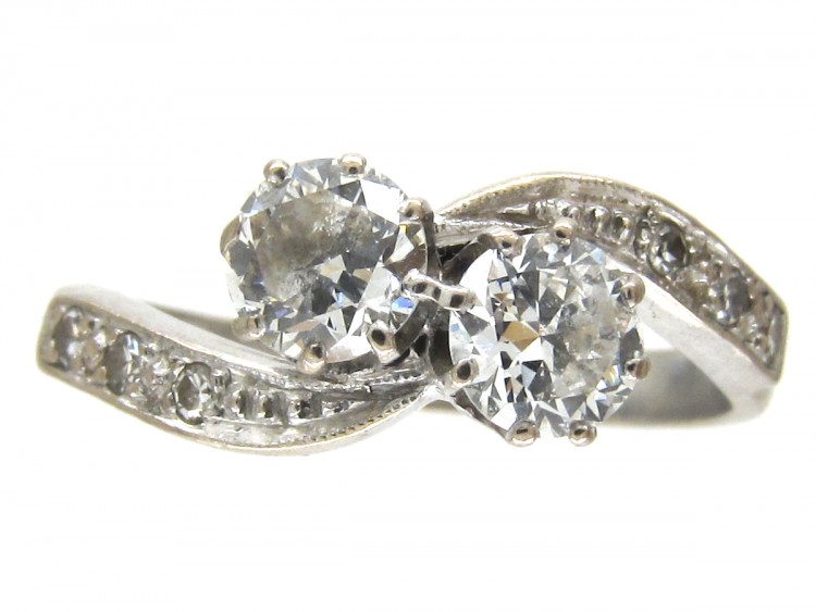 18ct White Gold Art Nouveau Two Stone Diamond Crossover Ring