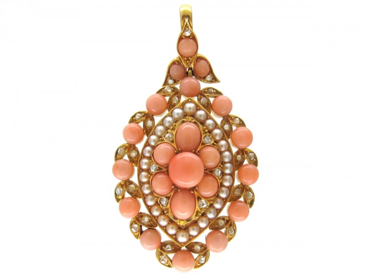 Victorian Coral & Diamond Oval Flower & Leaf Design Pendant