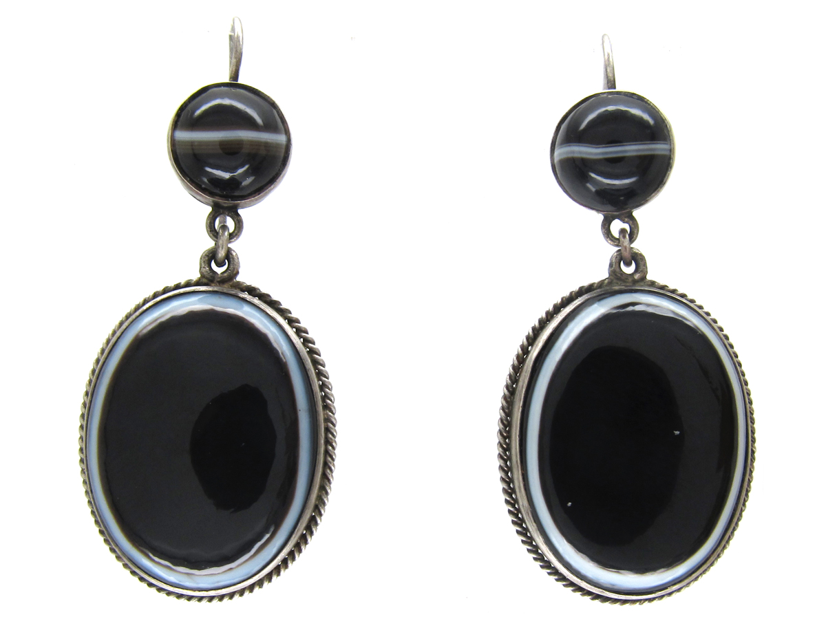 Victorian Banded Onyx Drop Earrings (949F) | The Antique Jewellery Company