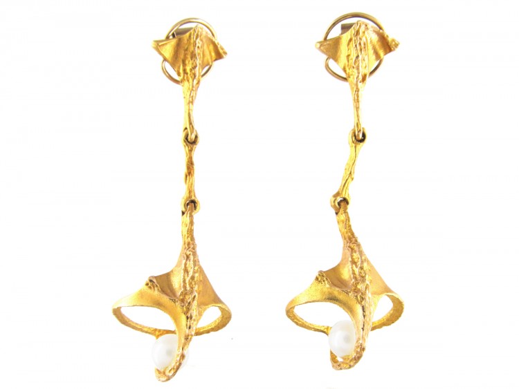 Long Drop 14ct Gold & Pearl Earrings By Björn Weckström for Lapponia
