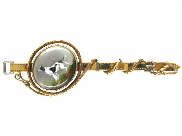 15ct Gold Reverse Intaglio Spaniel with Collar & Lead Brooch