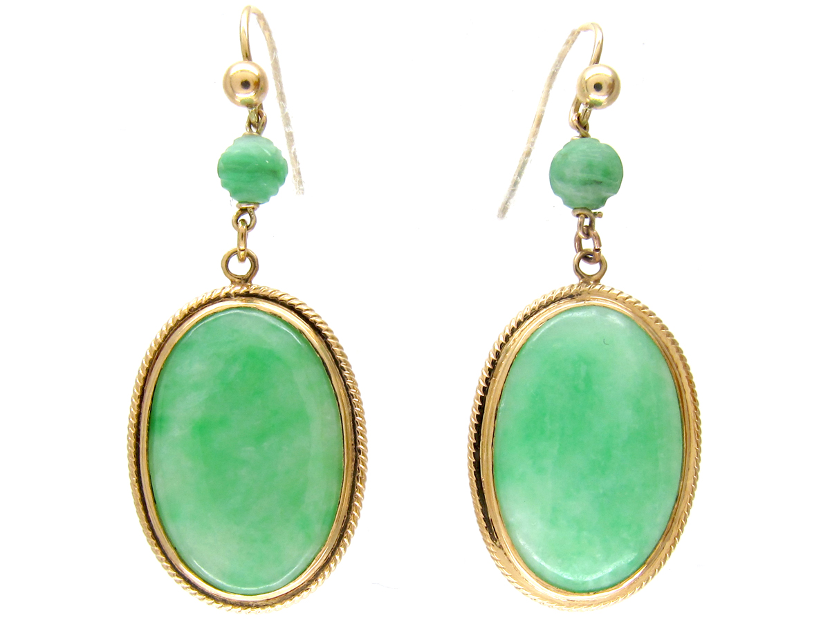 Oval 18ct Gold & Jade Drop Earrings (996F) The Antique Jewellery Company