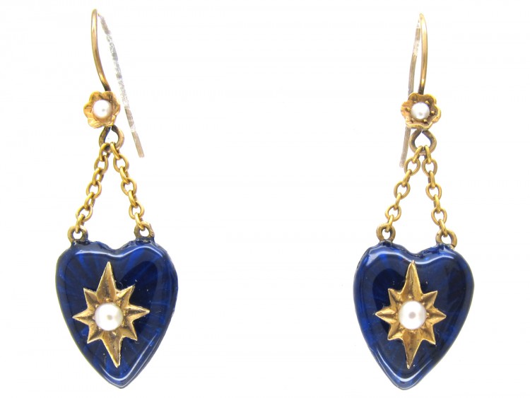 Edwardian Blue Enamel & Natural Split Pearl Heart Shape Drop Earrings