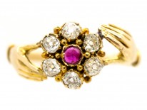 Georgian Two Hands Ring with Central Ruby & Diamond Flower Cluster