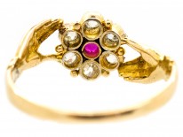 Georgian Two Hands Ring with Central Ruby & Diamond Flower Cluster